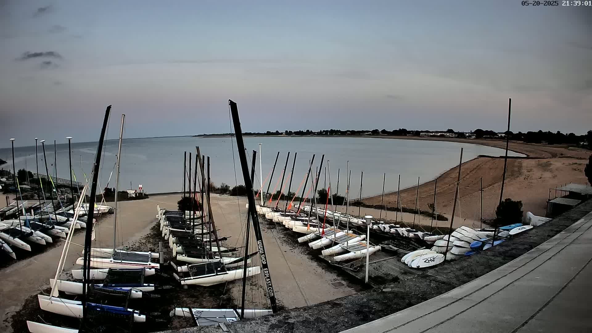 Many sailboats are docked on a sandy shore next to calm water under a twilight sky.