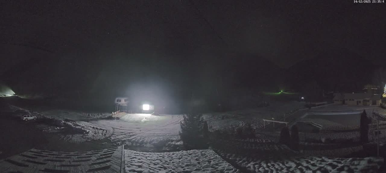 A wide panoramic shot reveals a snow-covered mountain landscape featuring a ski slope with a lift, various buildings, and parked cars, all under a clear blue sky on a sunny winter day.