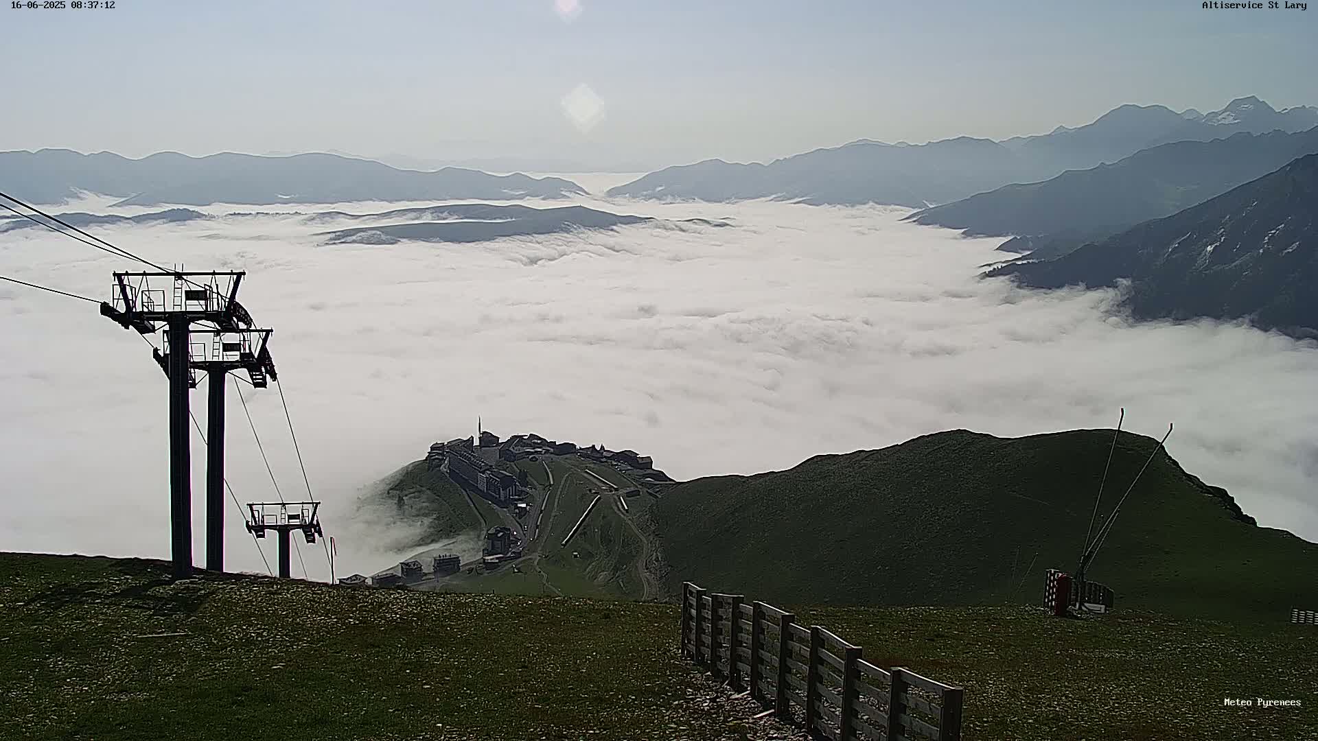 A mountaintop scene with a chairlift and a village below, nestled in a sea of fog under a mostly clear sky.