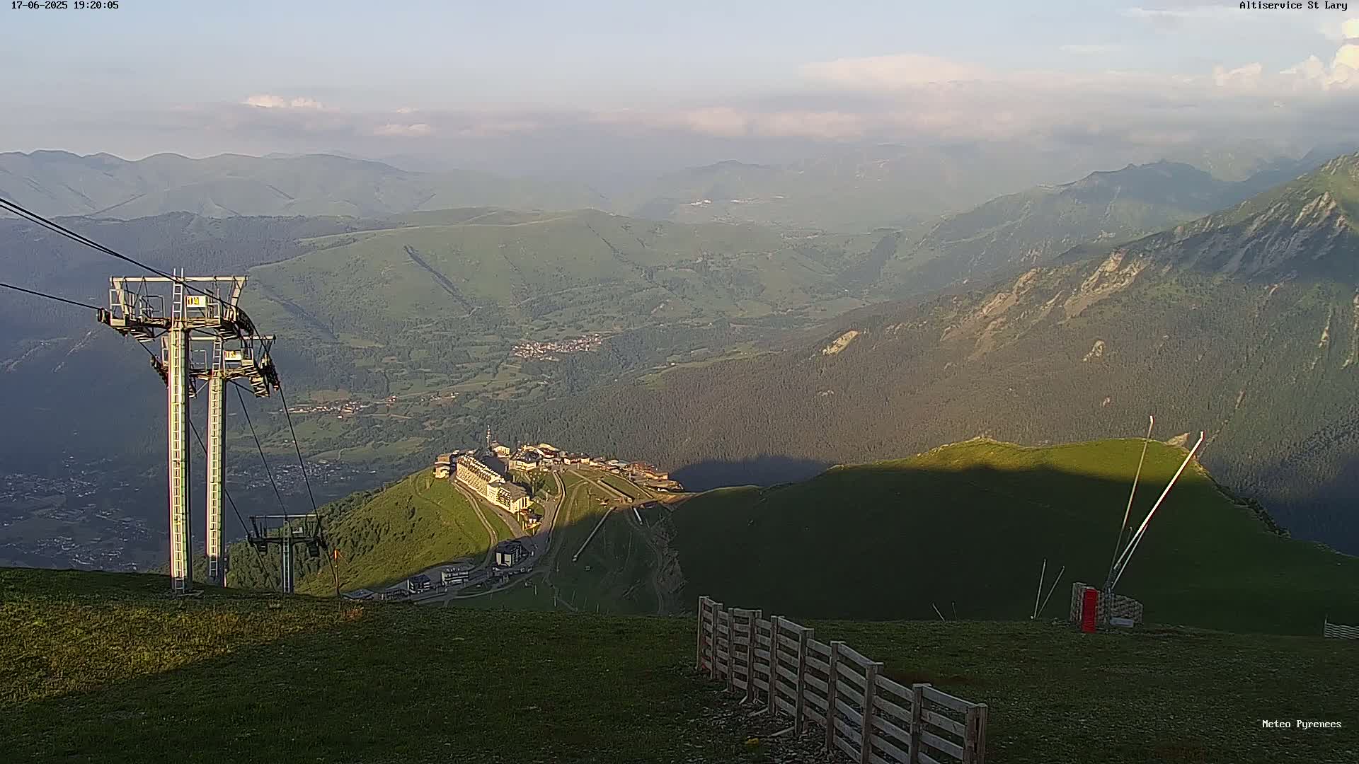 A mountaintop view under partly cloudy skies shows a ski resort nestled in a valley below, with a chairlift extending from the foreground.