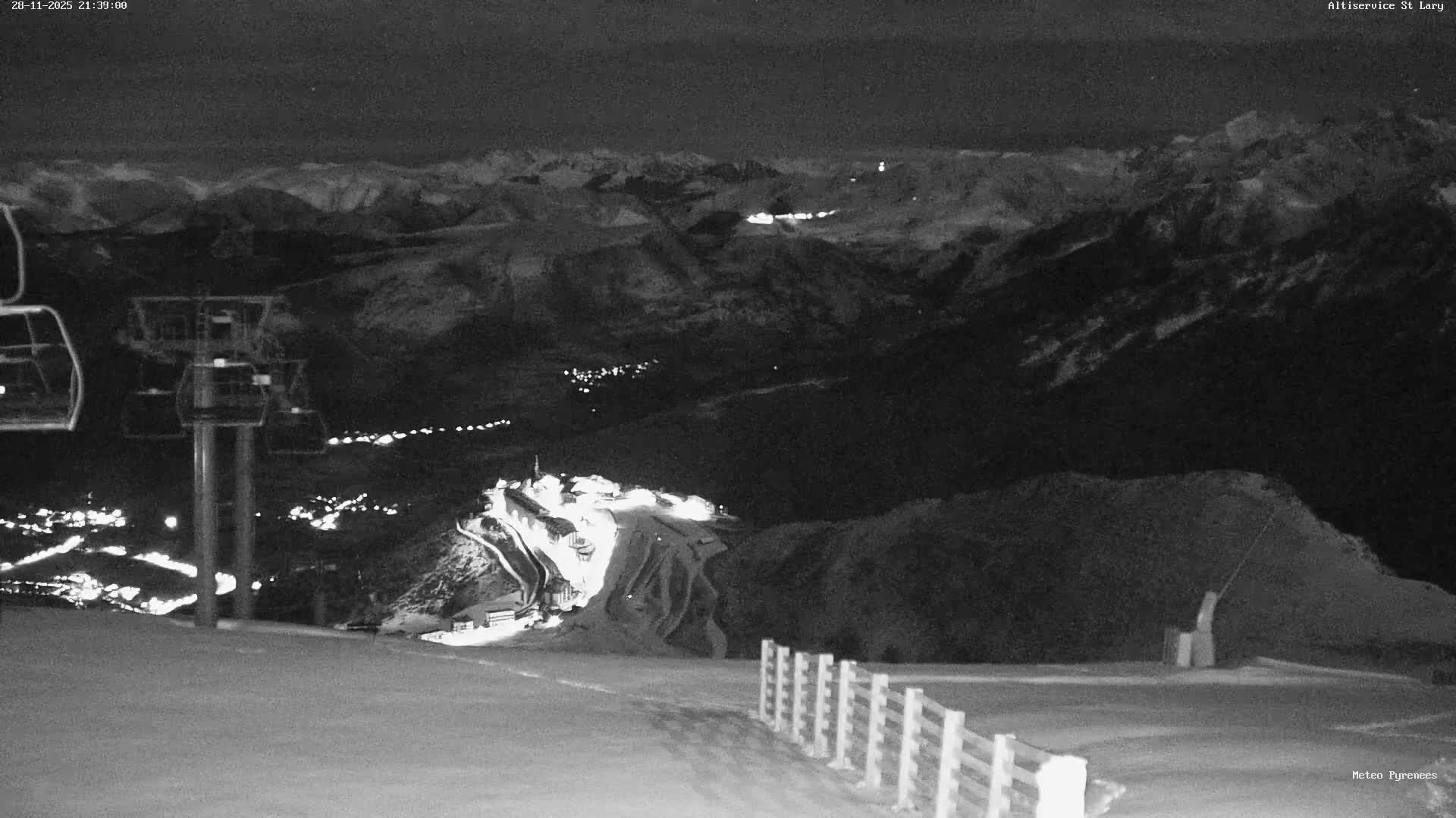 A clear night reveals a snow-covered mountain ski resort featuring illuminated gondolas and a brightly lit village, with distant dark peaks under a clear sky.