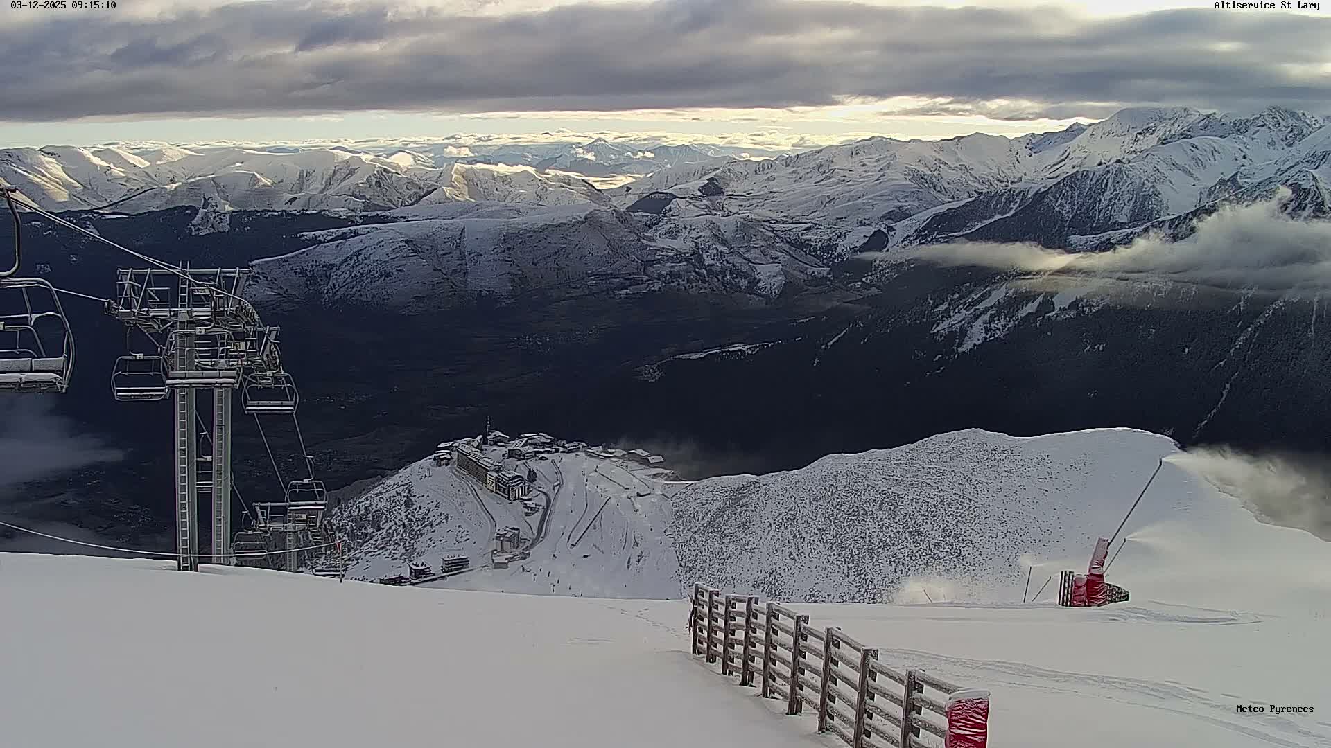 A panoramic view reveals a snow-covered mountain ski resort under an overcast sky with patches of brighter light, featuring chairlifts, distant resort buildings, and a snow cannon actively operating on the slopes.