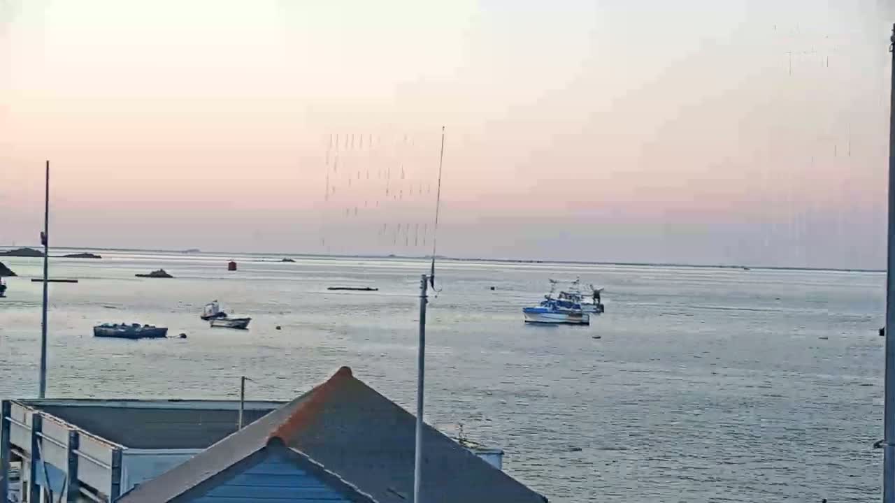 Several small boats are scattered across a calm body of water under a pale pink sunset sky.