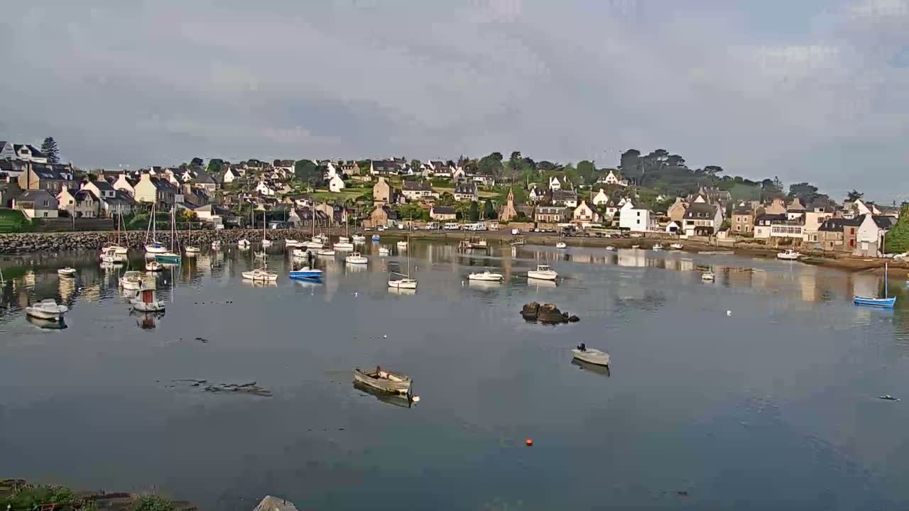 A calm harbor filled with numerous small boats is nestled in front of a coastal town under a partly cloudy sky.