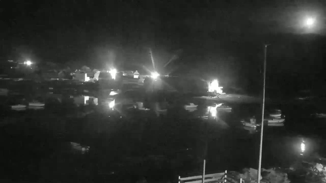 A nighttime view of a harbor with several boats moored, illuminated by scattered lights on the shore under a dark sky.