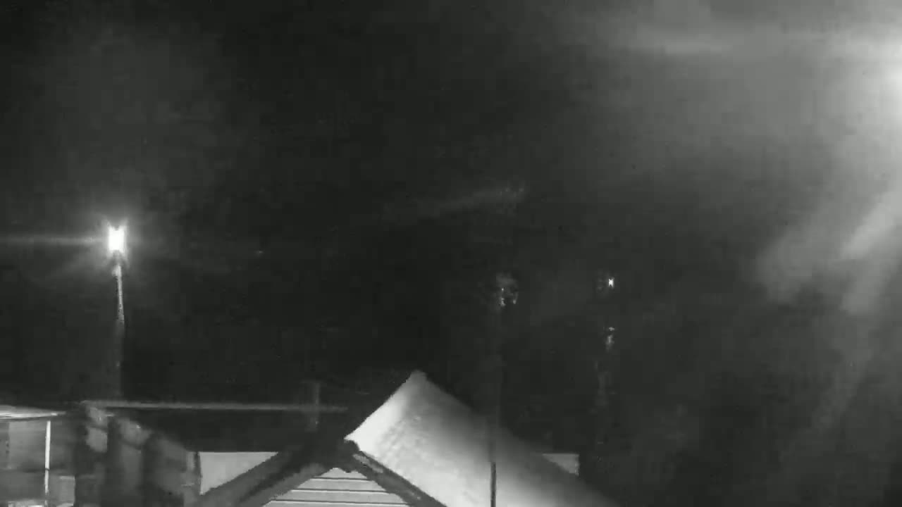 A nighttime scene of heavy snowfall obscuring a building and several light posts.
