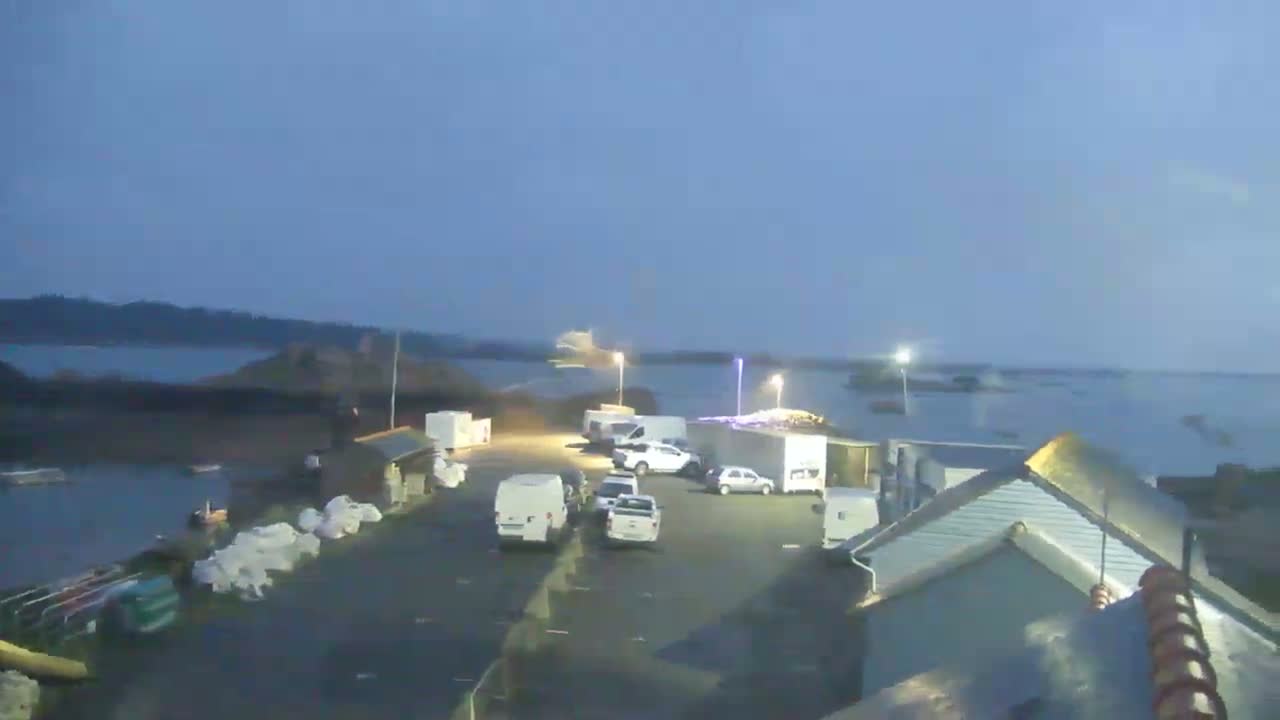 A harbor at twilight with several vehicles parked near small buildings, under a clear, dusky sky.