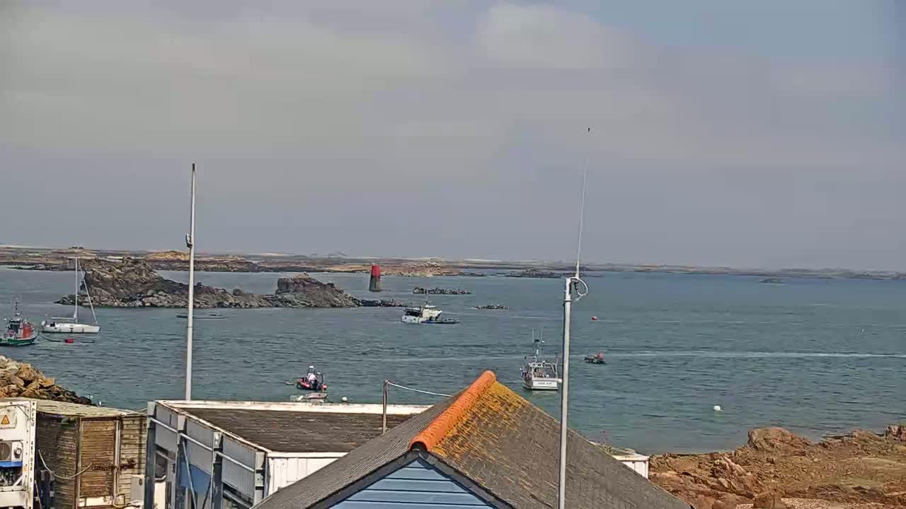 Several boats are in a calm body of water near rocky shores under an overcast sky.