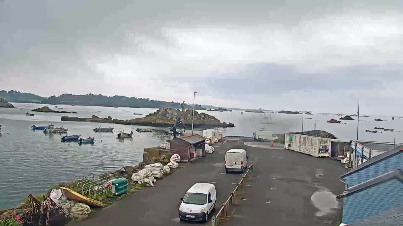 A harbor filled with small boats on an overcast day, with two white vans parked near a small building and a larger truck further away.