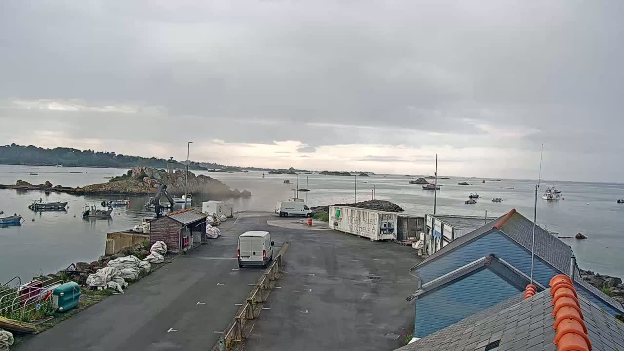 A harbor with several small boats, a few vans, and some small buildings is seen on an overcast day.