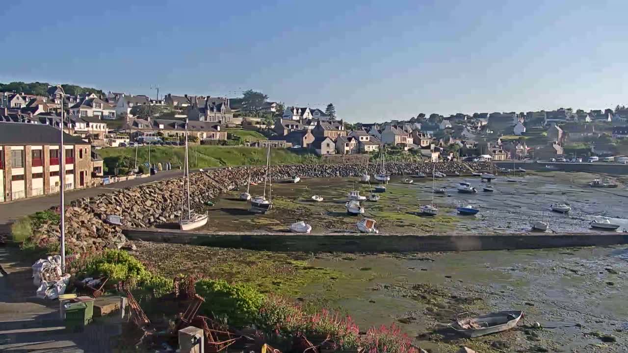 A small harbor with numerous sailboats resting on the exposed seabed at low tide, backed by a hillside village under a clear, sunny sky.