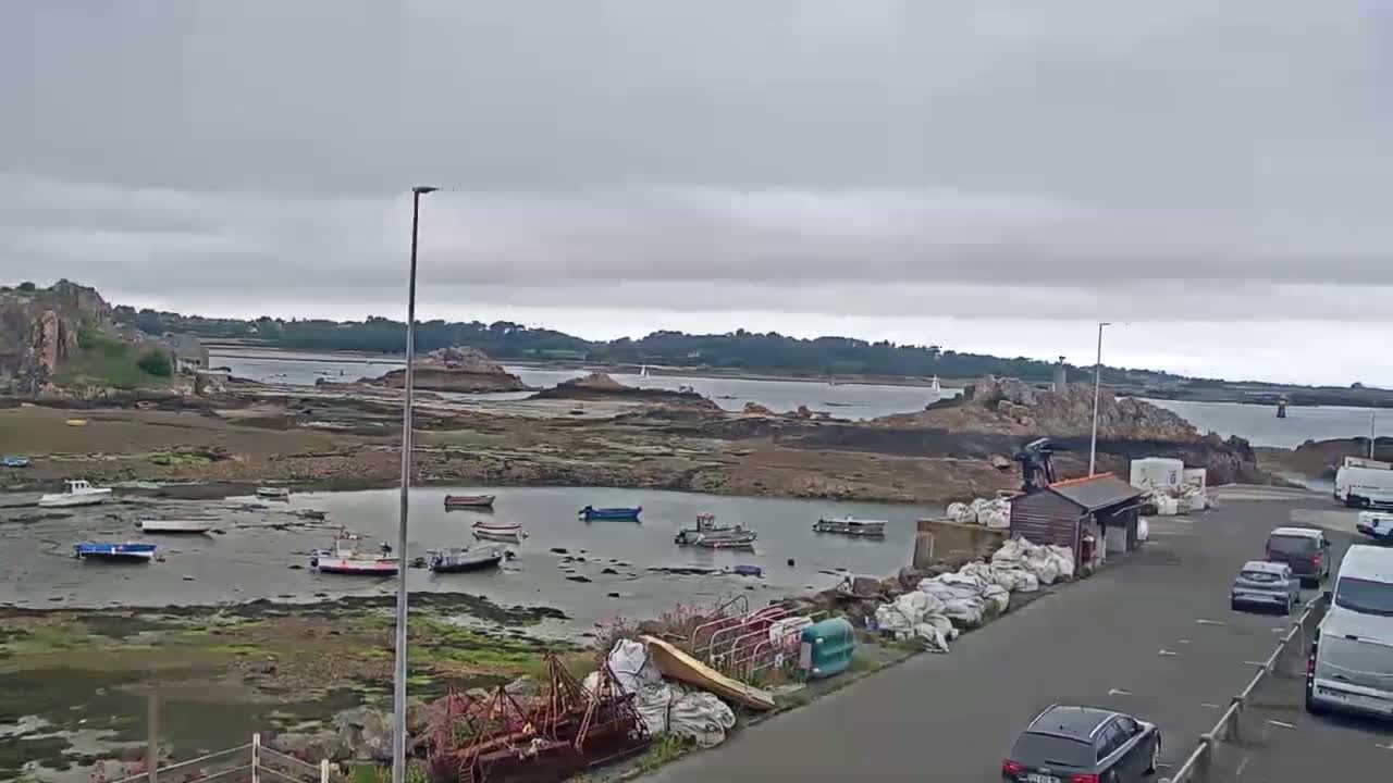 A calm, overcast day reveals a small harbor with several boats at low tide, nestled between rocky outcrops and a shoreline with parked cars.
