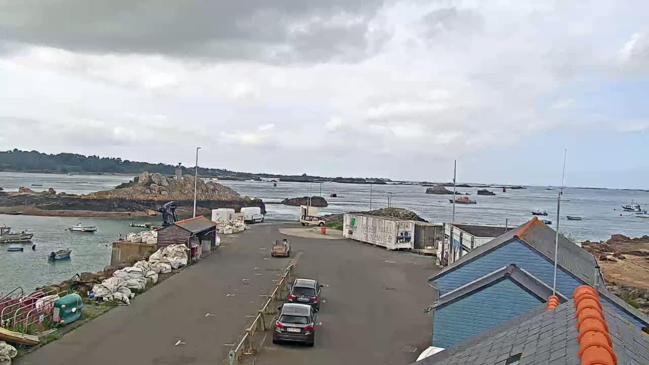 A harbor scene under an overcast sky shows several small boats in the water, a rocky islet, and cars parked near some small buildings.