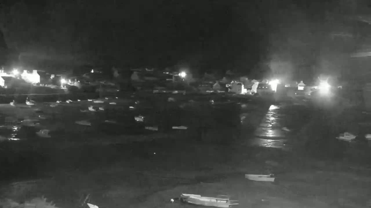 A nighttime, low-light view shows a small village or town with many boats in the water nearby.