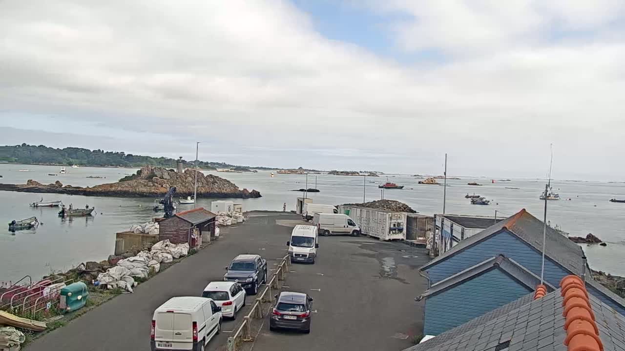 A harbor scene on an overcast day shows several small boats in the water, a rocky islet, and a parking area with several vehicles near some small buildings.