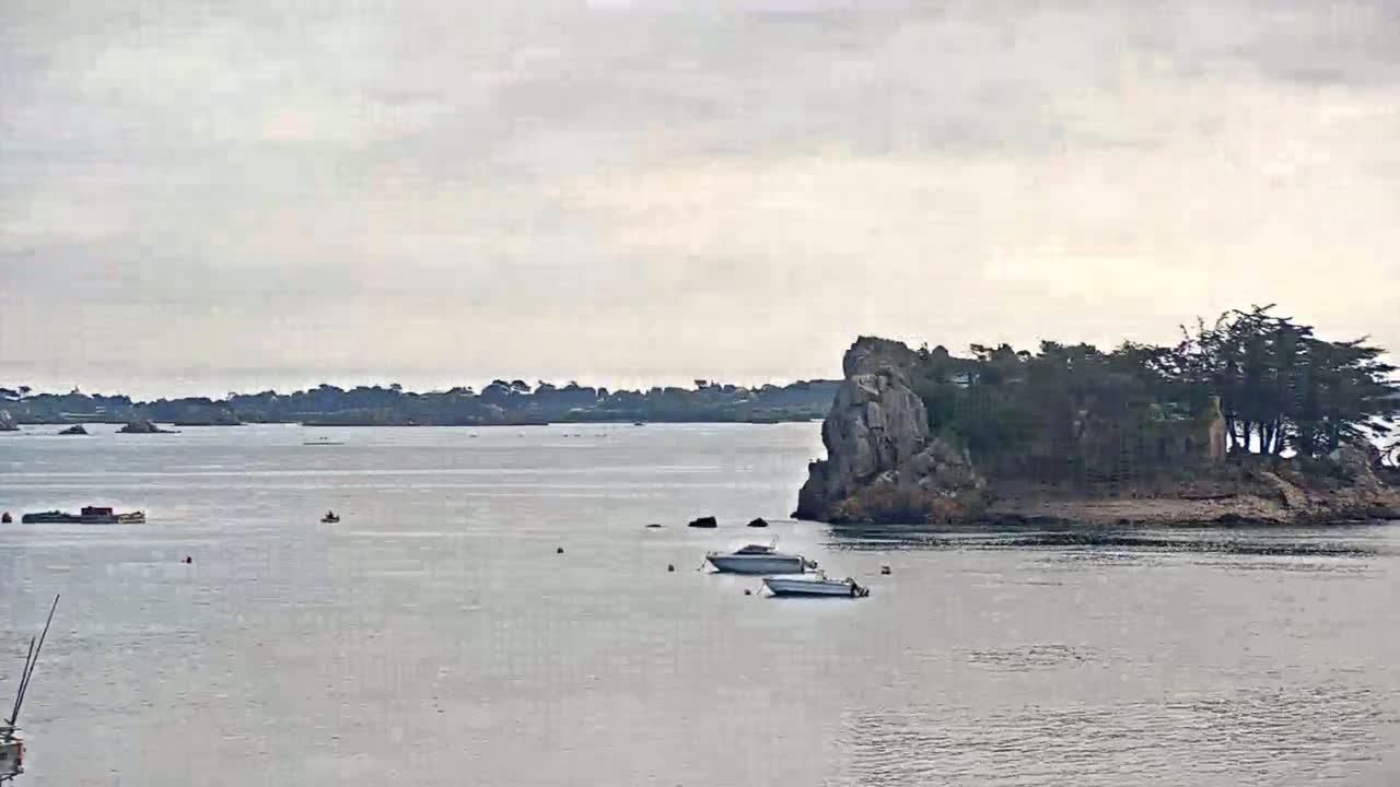 A calm, overcast day reveals a tranquil body of water with several small boats near a rocky islet covered in trees, and a distant shoreline in the background.
