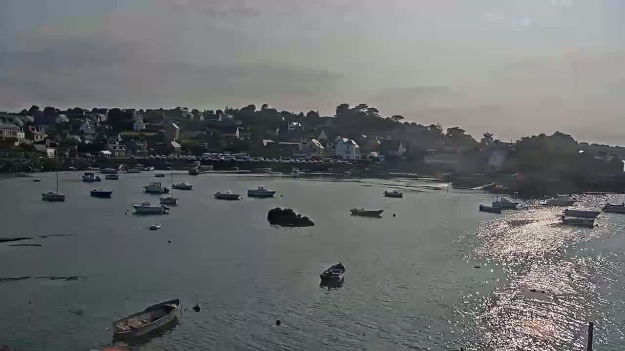 A calm body of water with numerous small boats is situated in front of a coastal town on a slightly overcast day.