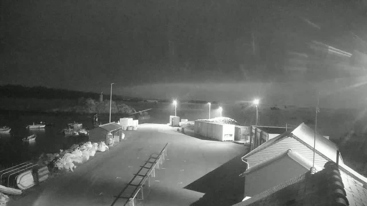 A nighttime view of a harbor with several boats, some buildings, and containers under a dark, possibly overcast sky.