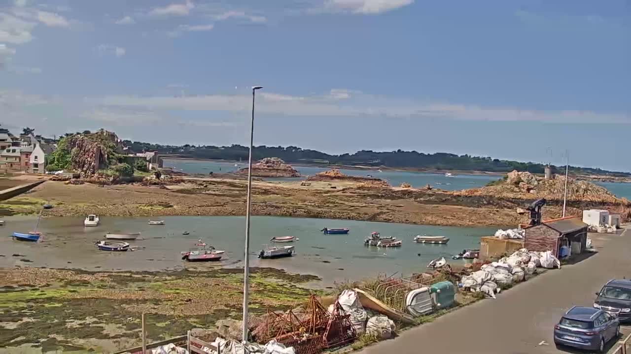A small, calm harbor with several boats at low tide, under a partly cloudy sky, is nestled beside rocky land and buildings.