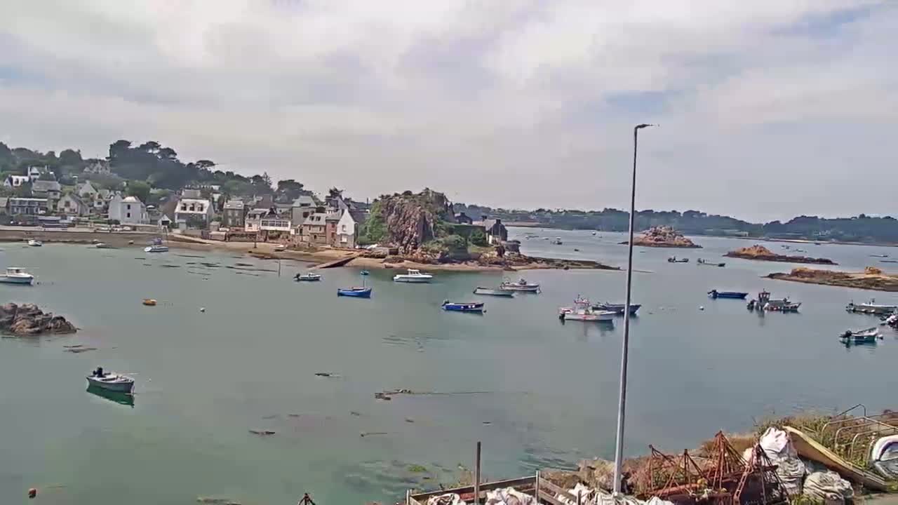 A calm bay with numerous small boats is seen near a small village under a partly cloudy sky.