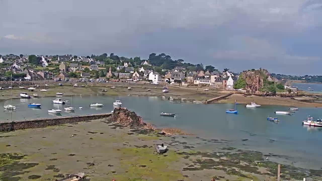 A coastal village with numerous boats in a harbor at low tide under a partly cloudy sky.