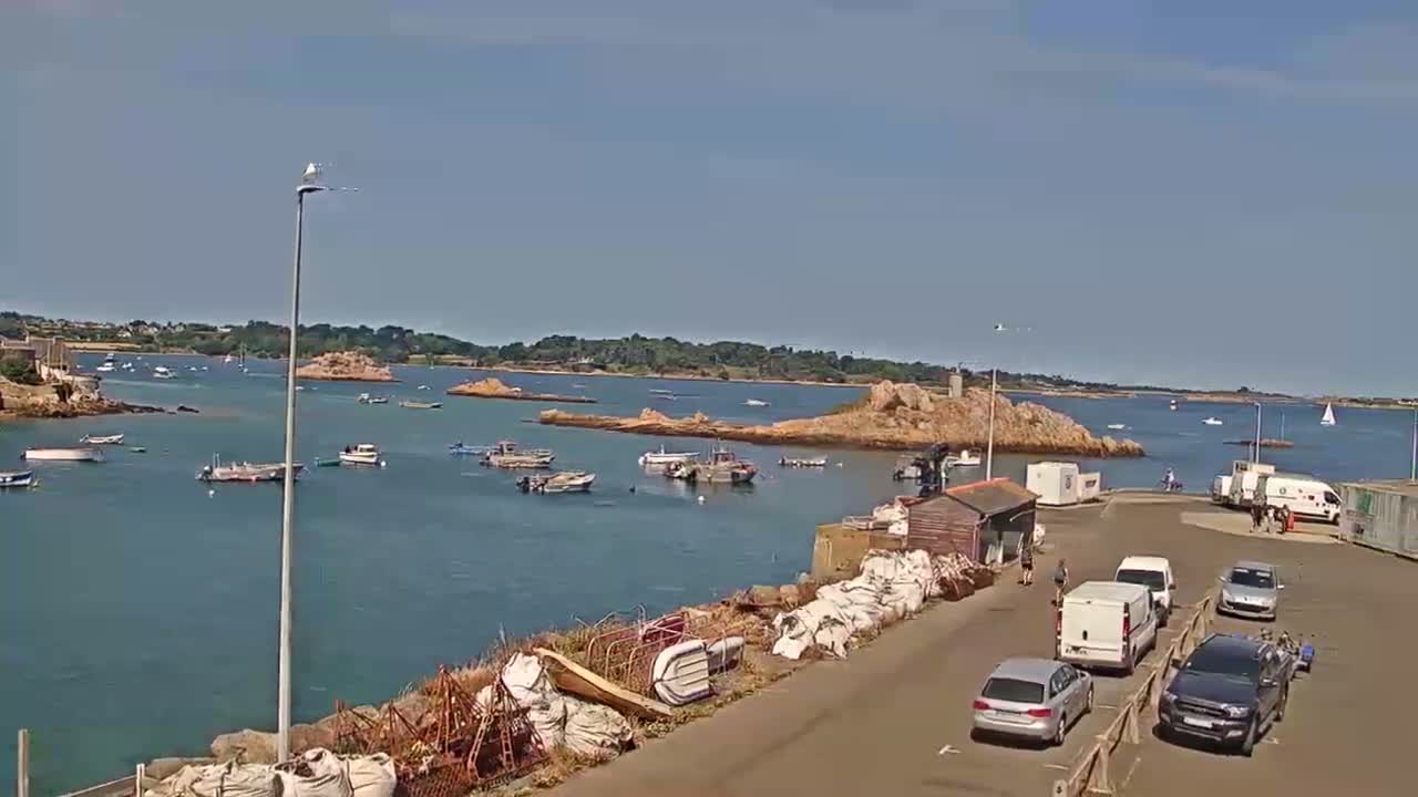 A small harbor filled with boats at low tide is nestled beside a village under an overcast sky.
