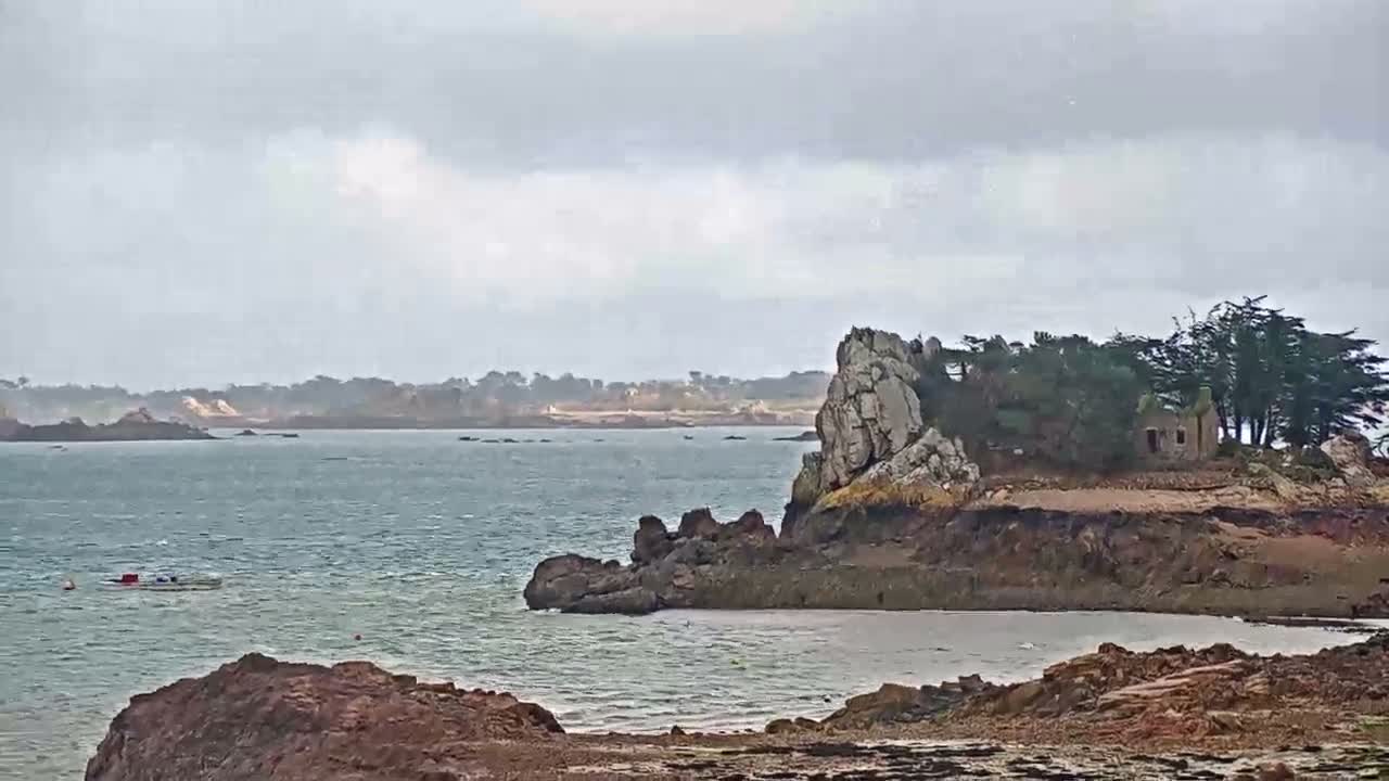 A small harbor filled with boats at low tide is nestled beside a village under an overcast sky.