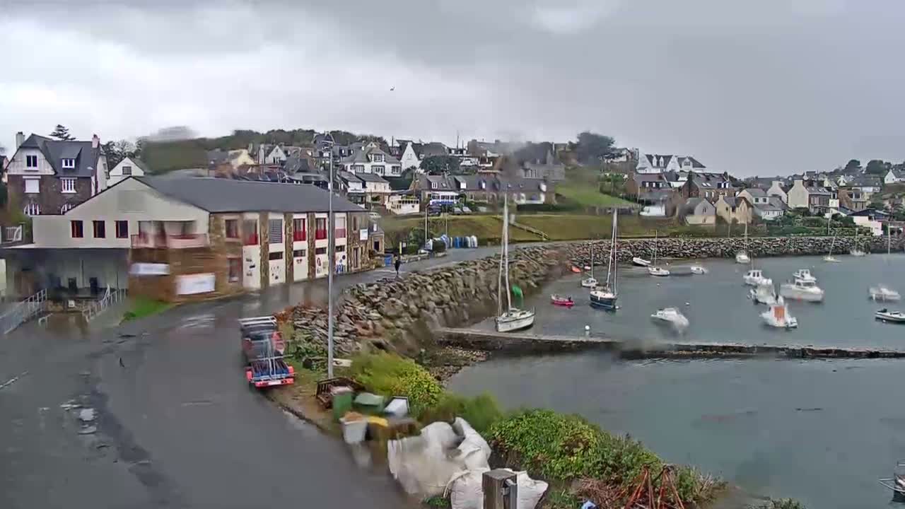 A wet road runs alongside a harbor filled with boats, backed by a hillside village under a grey, overcast sky.