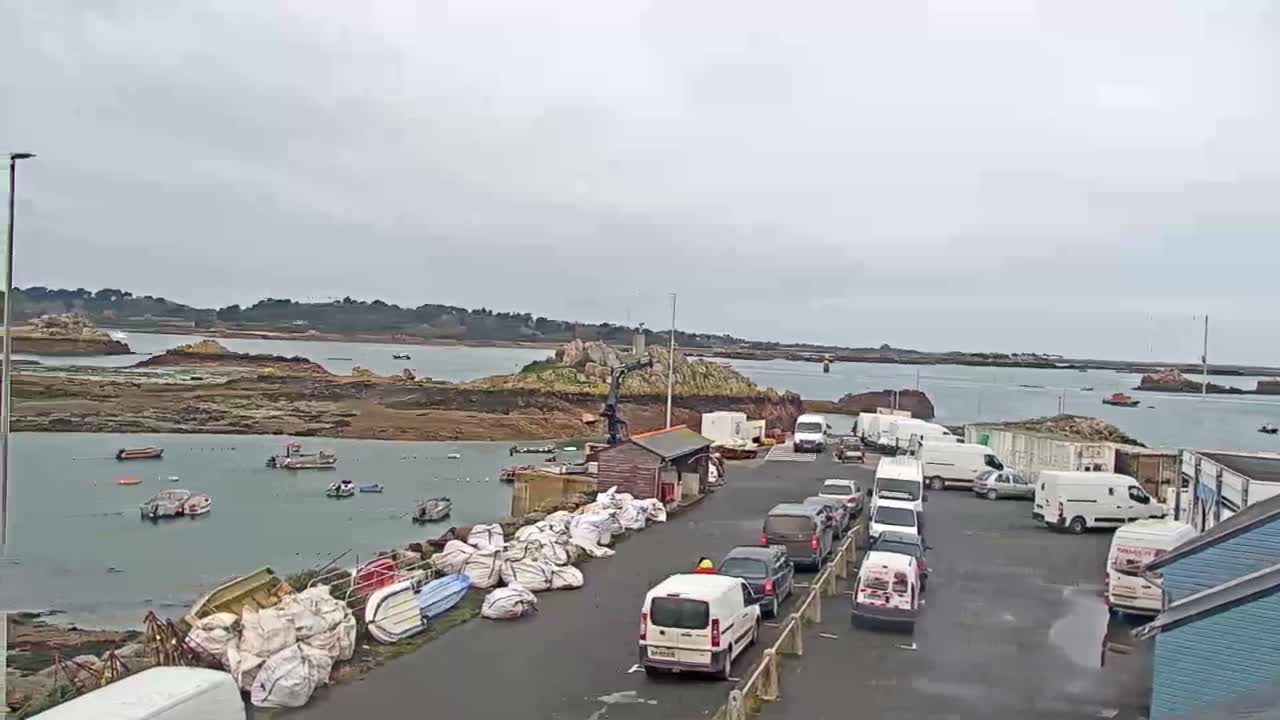 An overcast day reveals a bustling coastal harbor featuring numerous boats on the water, a paved dock crowded with parked vehicles and piles of white bags, and rocky islets scattered across the bay.