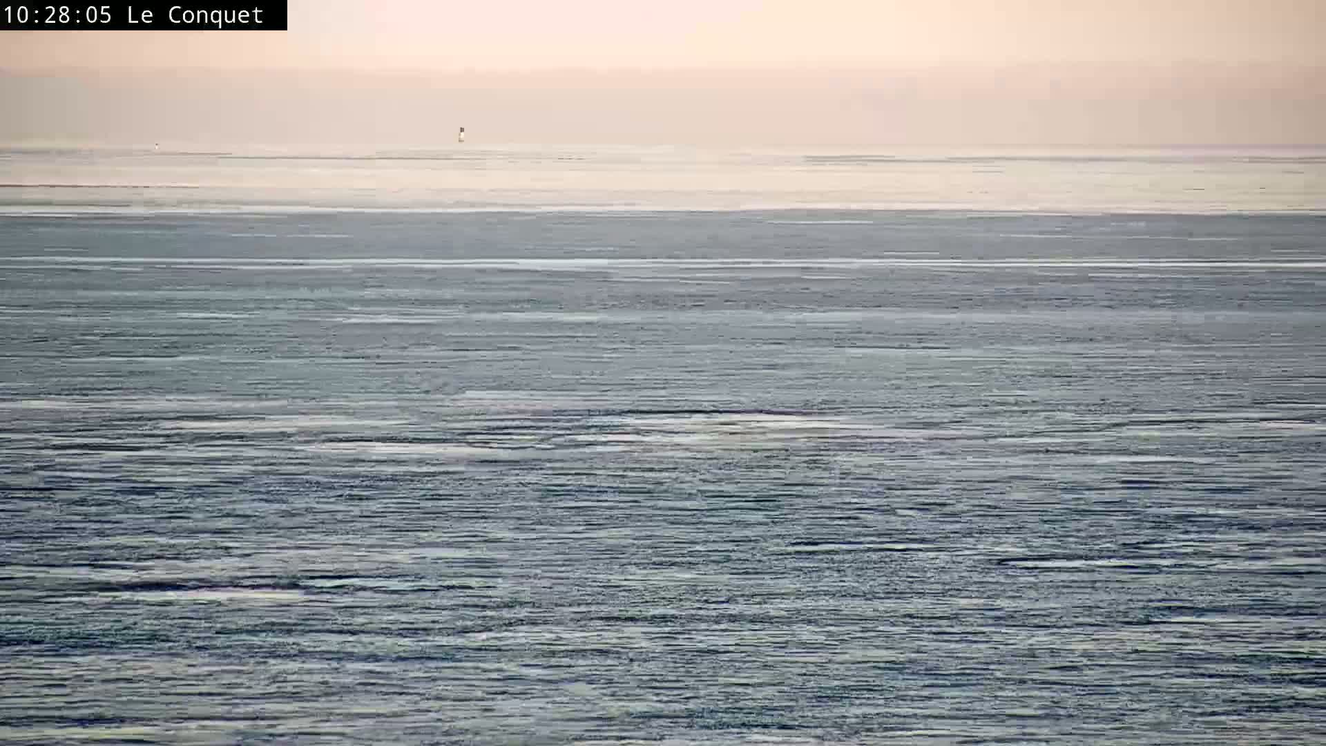 A mostly calm body of water, possibly partially frozen, stretches to a pale, hazy horizon under a light, overcast sky.
