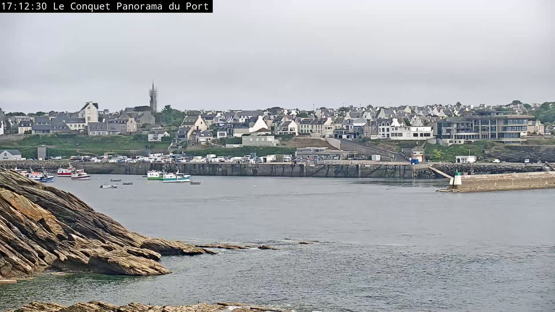A harbor town with numerous buildings and several small fishing boats sits on the shore of a calm body of water under an overcast sky.