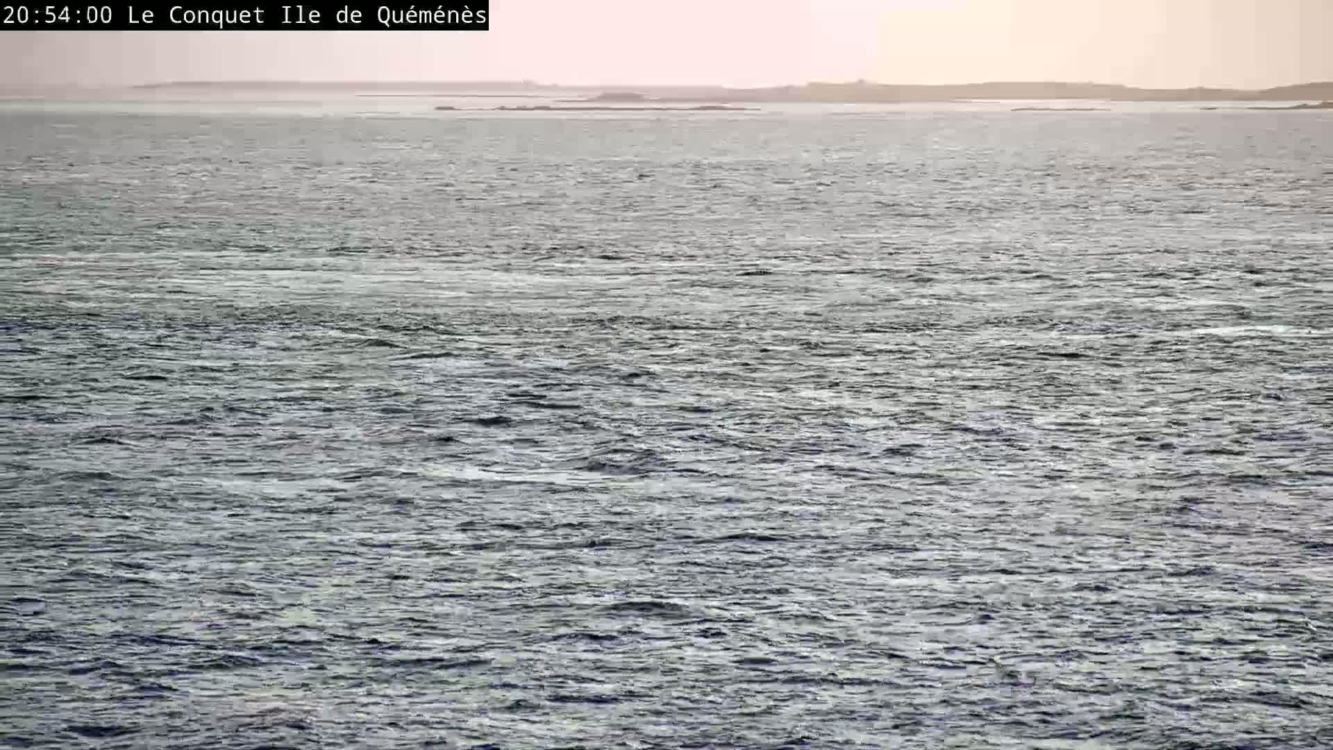 A wide shot of a gently choppy sea under a pale sky shows a distant shoreline.