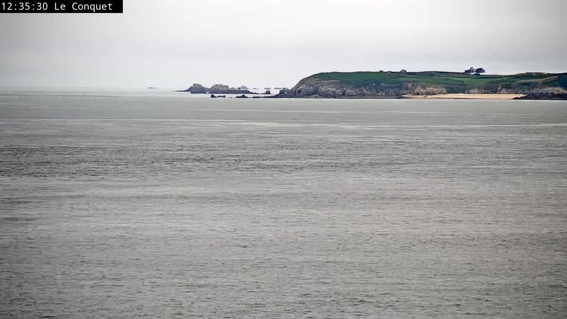A calm, gray sea stretches out to a distant coastline featuring a green hill and several dark rock formations under an overcast sky.