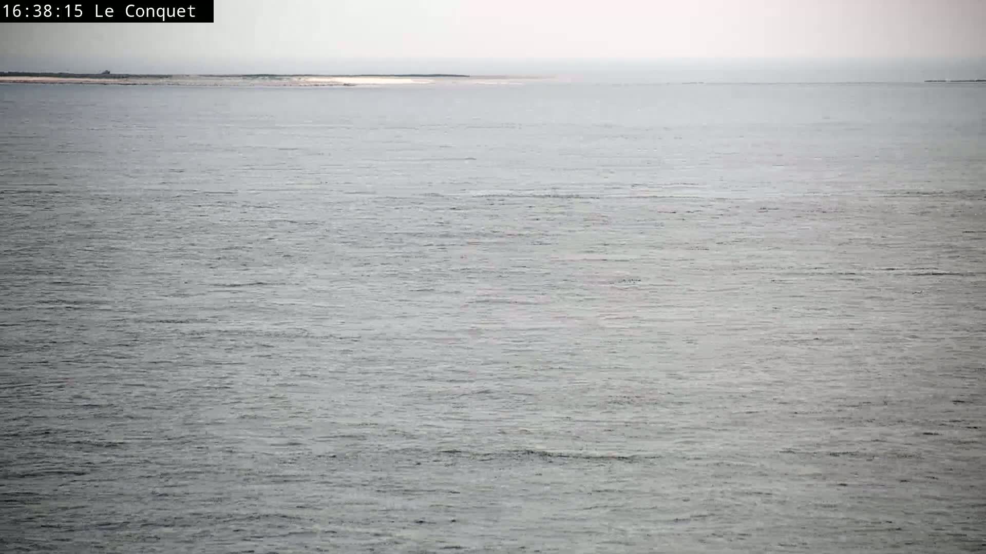 A calm, gray sea stretches to a distant, low-lying landmass under an overcast sky.