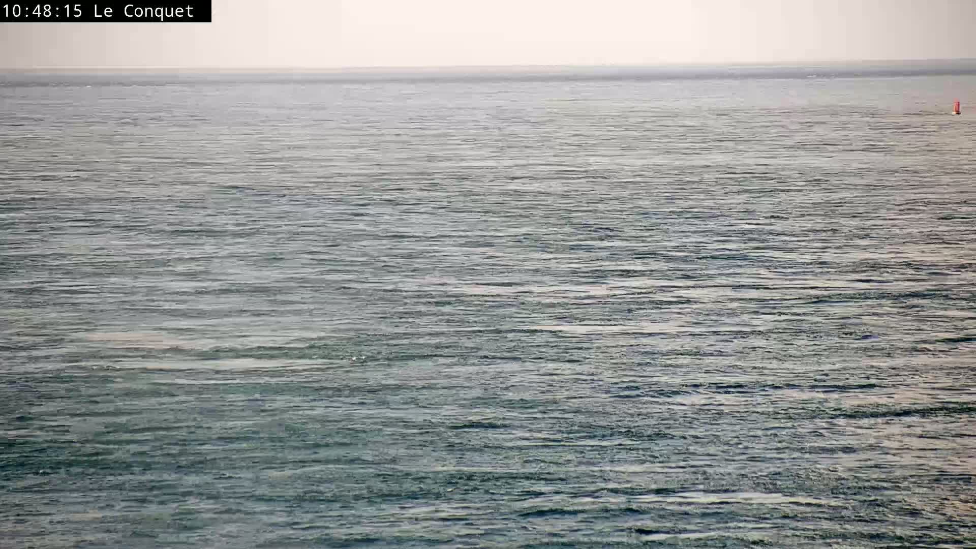 A calm, gray-blue ocean stretches to a hazy horizon under a light, overcast sky.