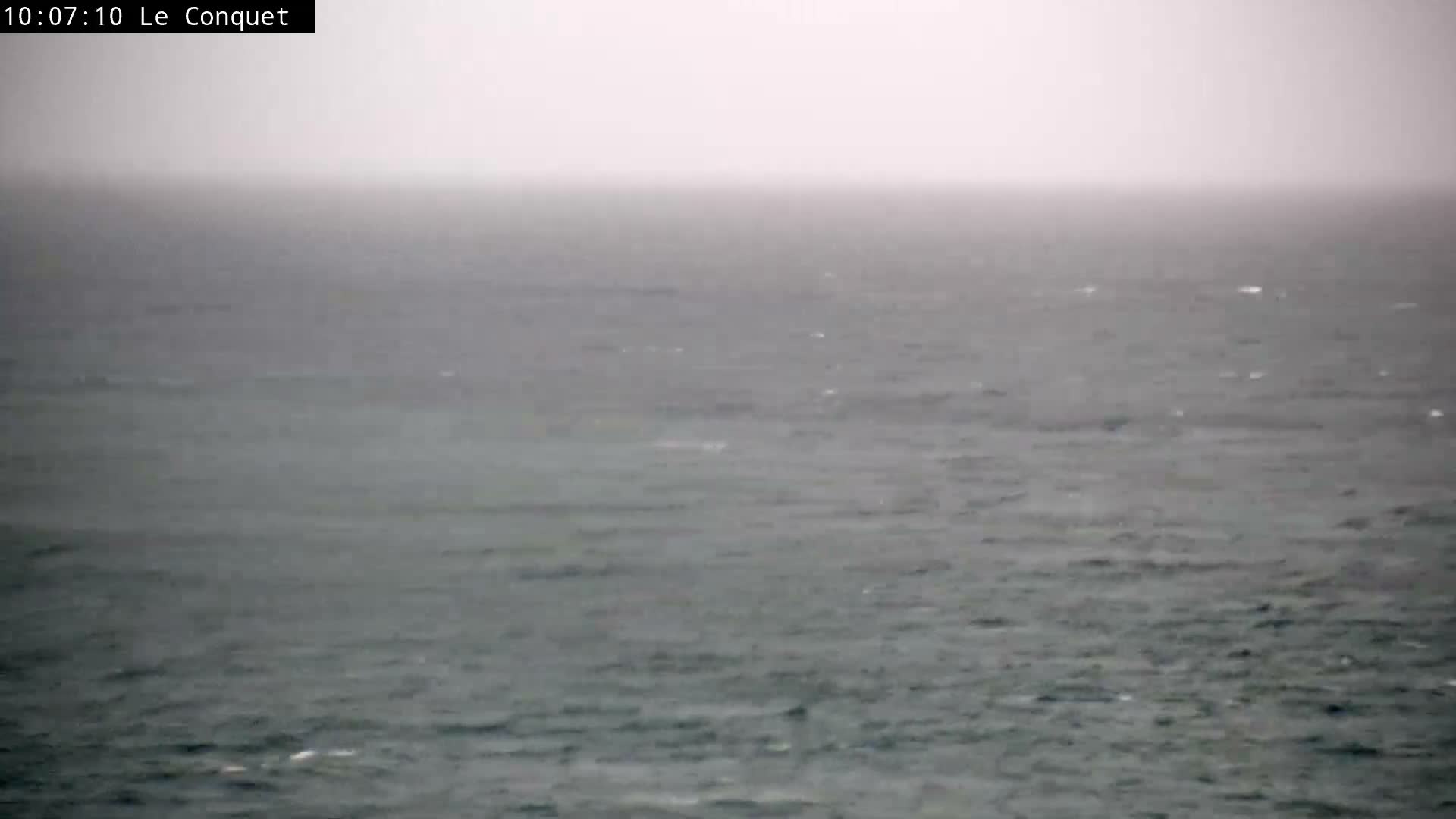 A choppy, dark gray sea with whitecaps extends under a low, uniformly gray and possibly foggy sky.