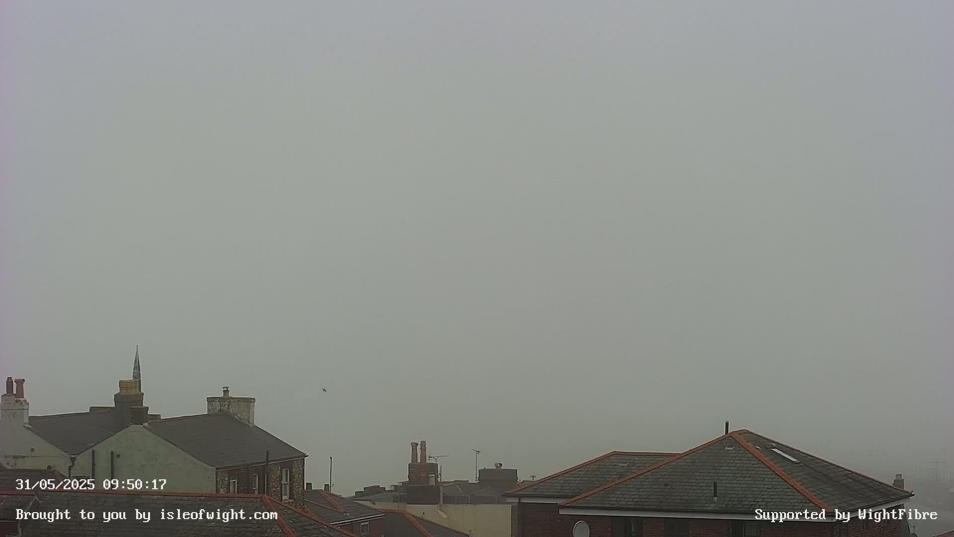 A foggy view of several rooftops and chimneys.