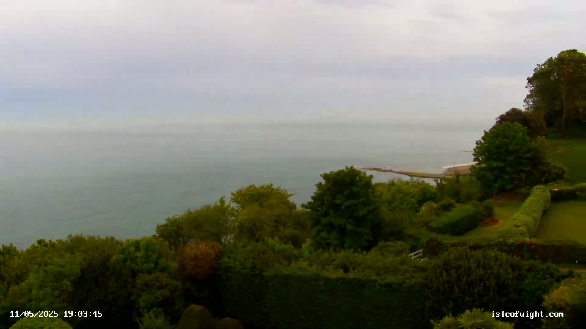Lush green foliage overlooks a calm, hazy ocean under a cloudy sky.
