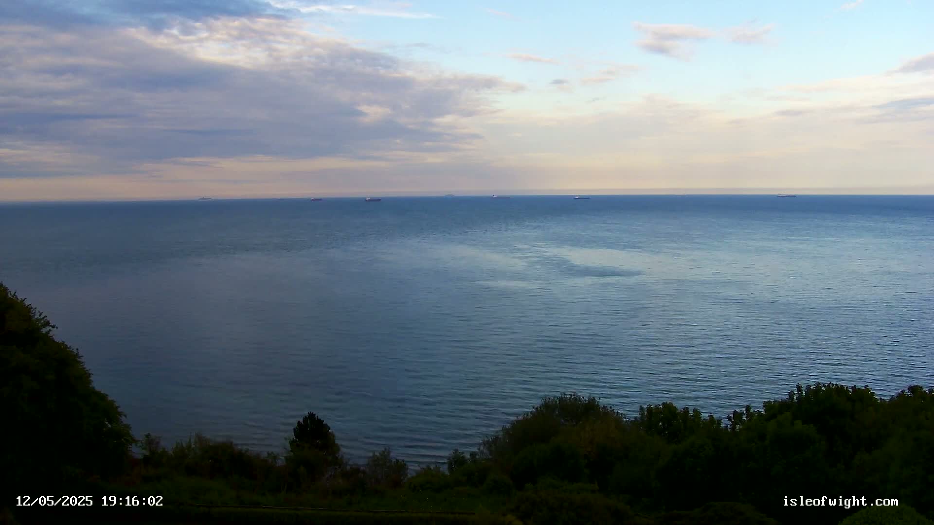 A calm, expansive sea with several distant ships is viewed from a verdant hillside under a partly cloudy sky.