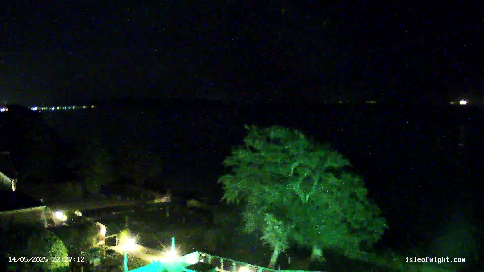 A nighttime view shows a dark body of water with distant lights, a tree, and some buildings illuminated below.