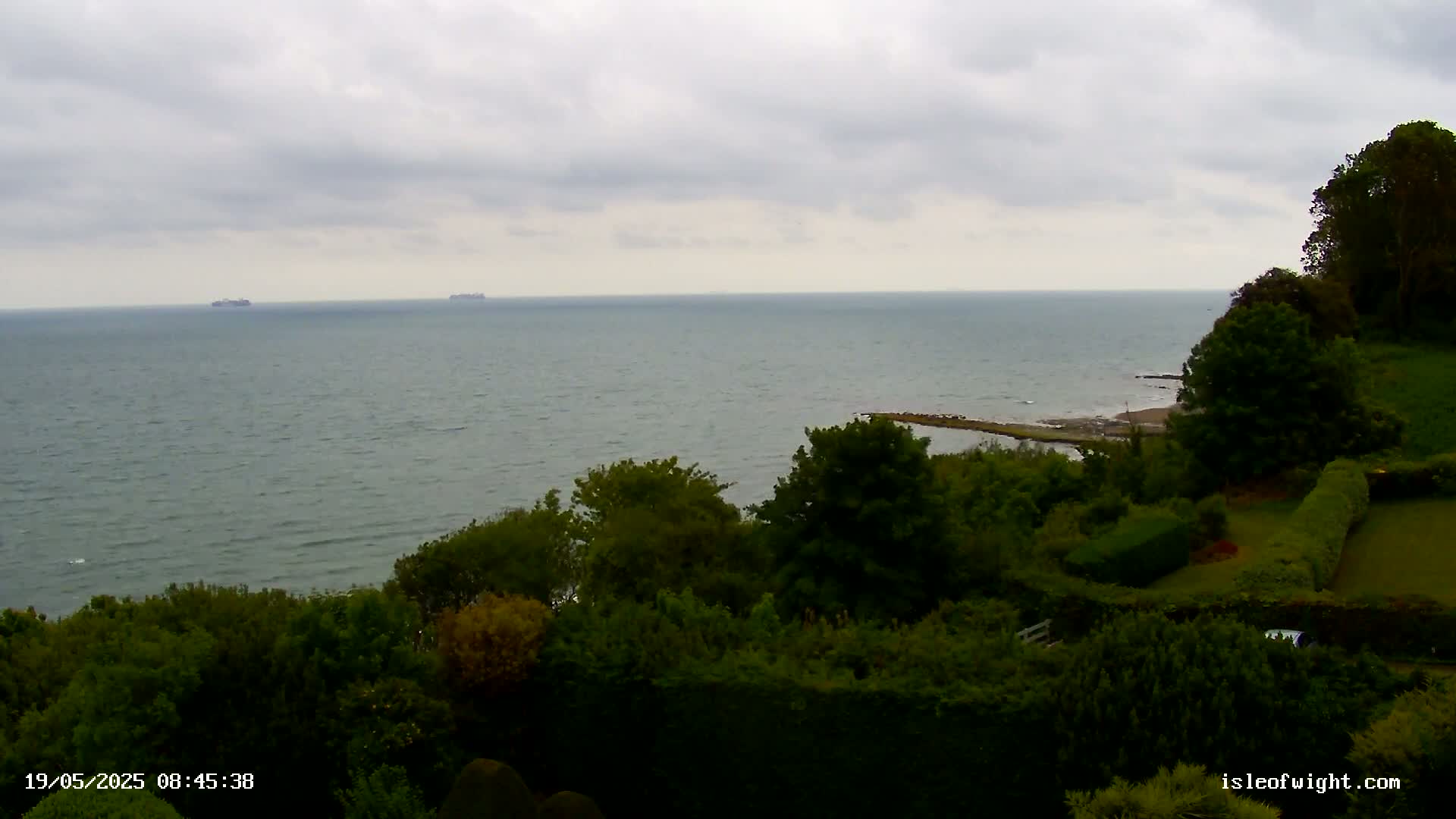 A calm, gray-skied ocean is viewed from a verdant clifftop, with two distant ships visible on the water.