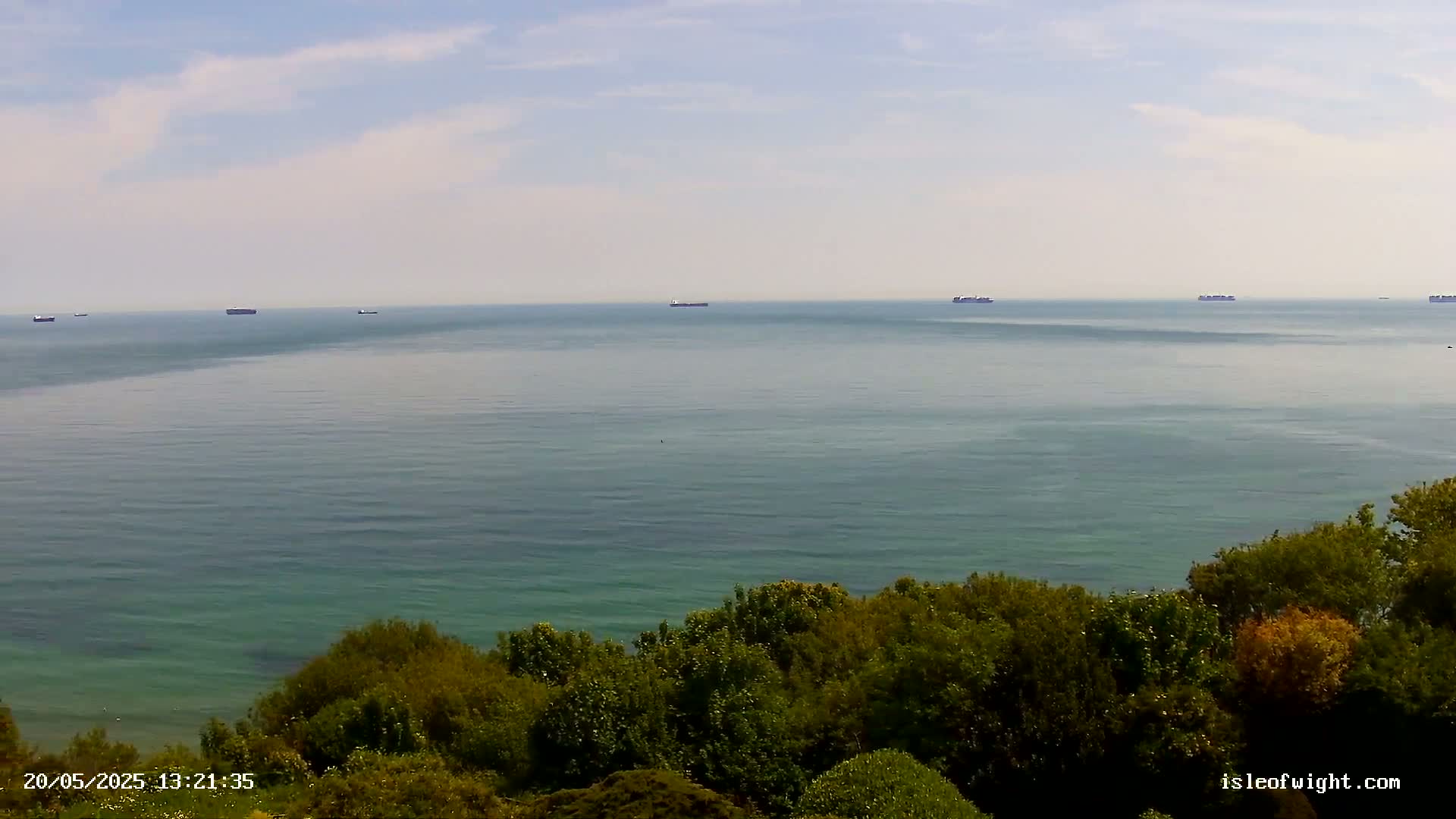 A calm, blue-green sea stretches to the horizon under a mostly clear sky, with several distant ships visible, and a foreground of lush green trees and vegetation.