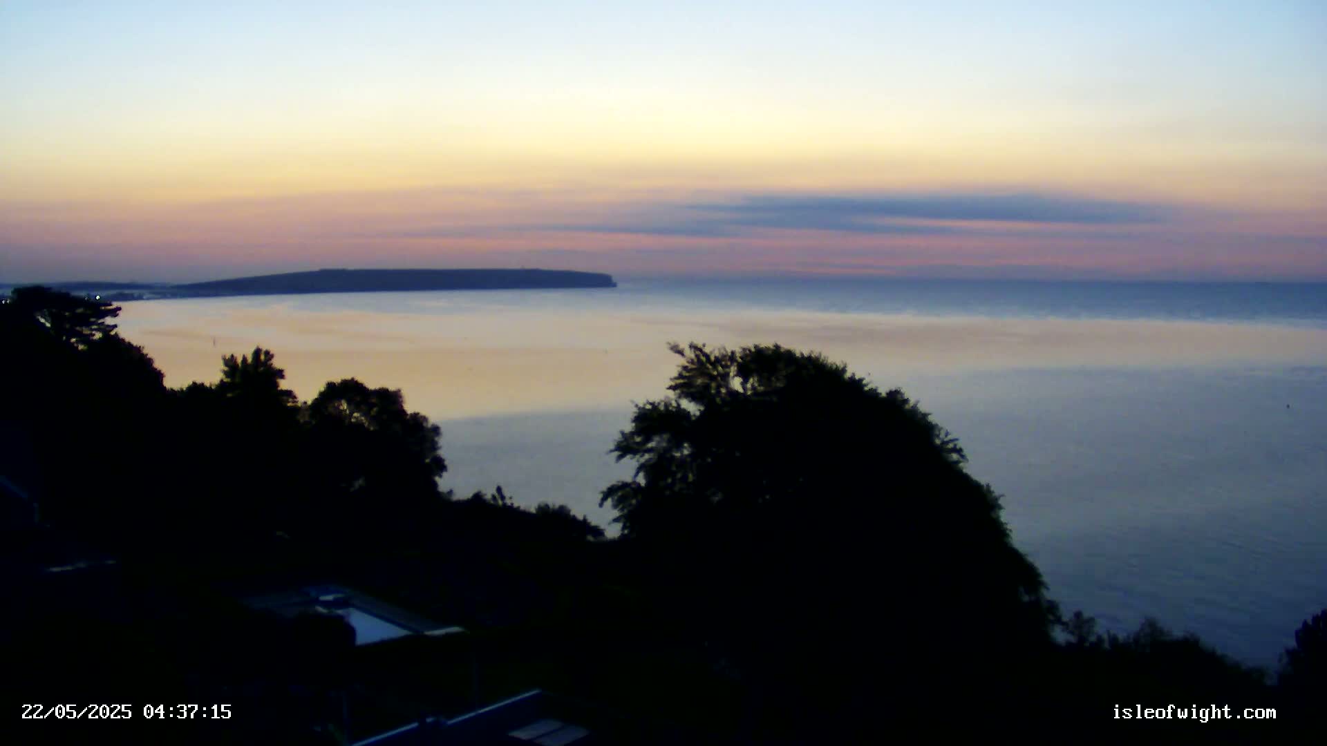 A tranquil sunrise over calm water, with a distant landmass visible, observed from a vantage point above silhouetted trees and vegetation.