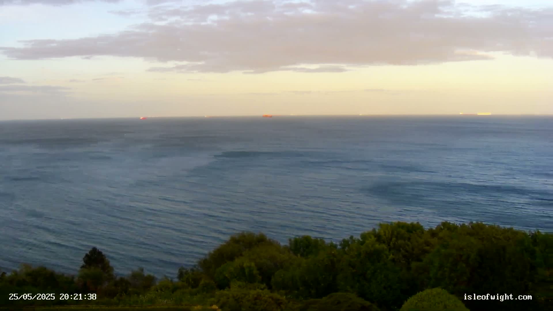 A calm sea with a few distant ships is viewed from a high vantage point overlooking a line of trees under a partly cloudy, twilight sky.