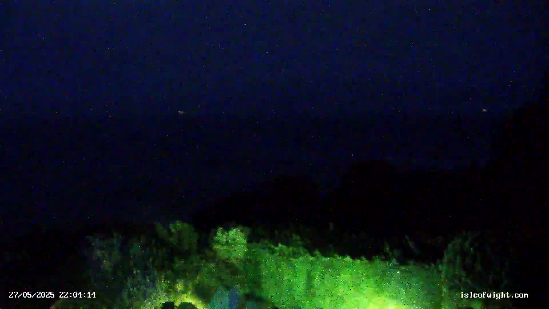 A nighttime view shows dark vegetation in the foreground under a dark, starlit sky.