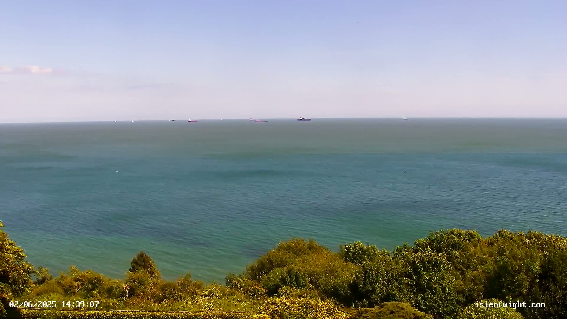 A calm, teal sea with several ships on the horizon is viewed from a verdant clifftop on a clear, sunny day.