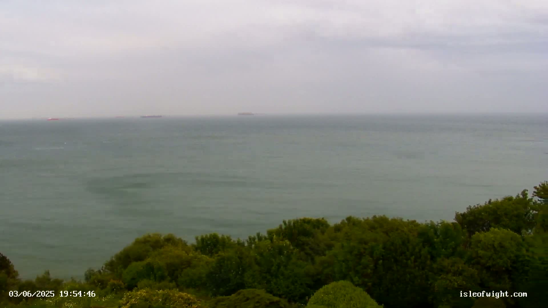 A calm, gray sea stretches to the horizon, with a few distant ships visible, overlooked by a line of green trees.