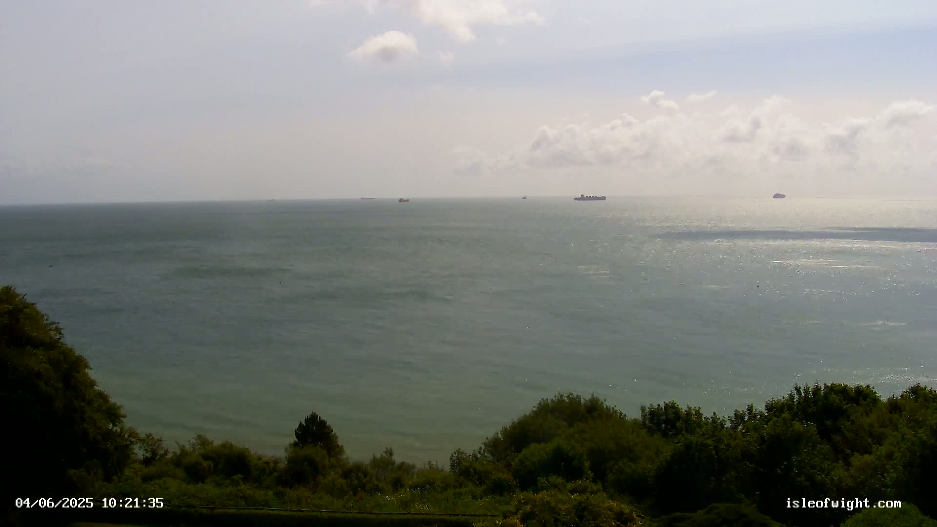 A calm, partly cloudy day overlooks a wide expanse of sea with several ships visible in the distance, and green vegetation in the foreground.