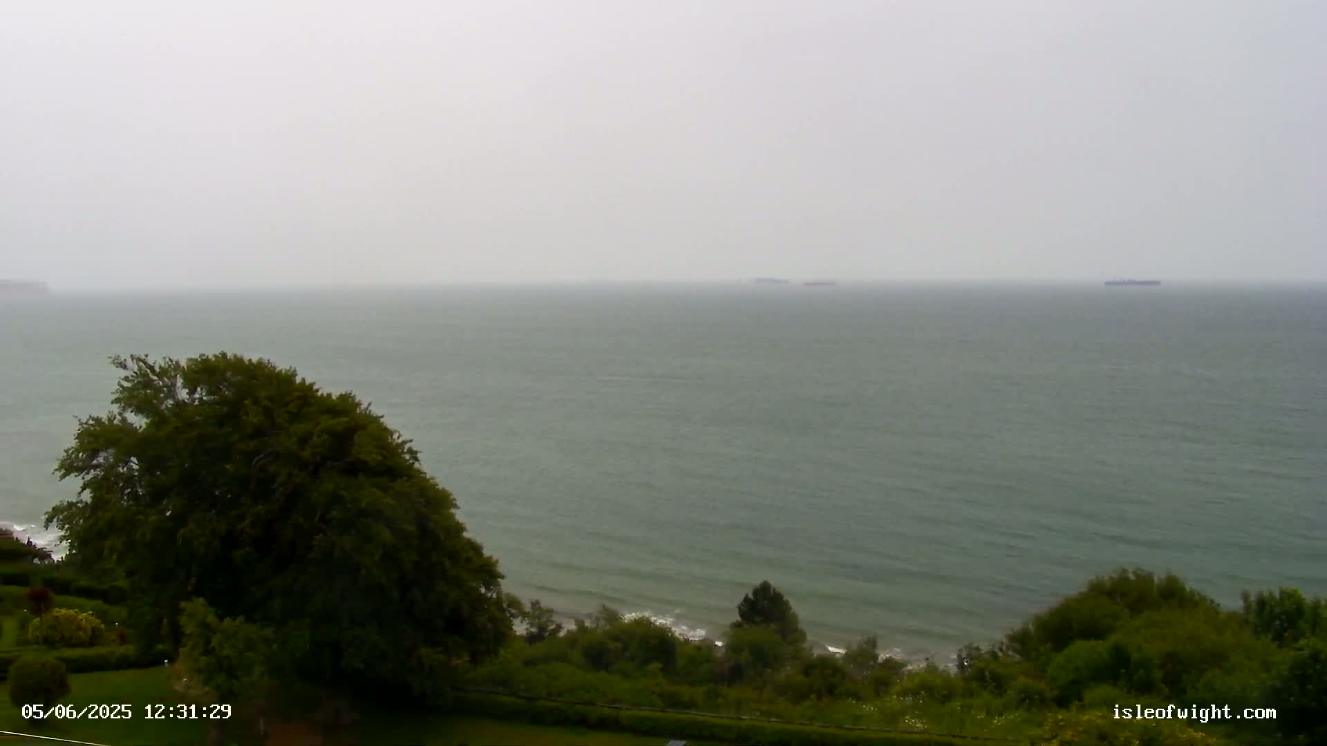 A hazy, overcast day shows a calm sea with a few distant ships, viewed from a high vantage point with green vegetation in the foreground.