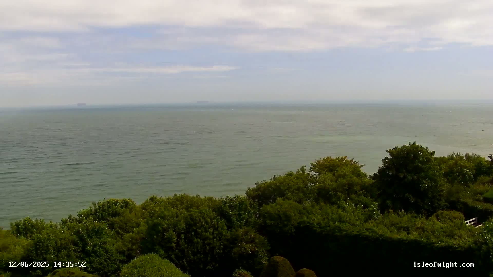 A calm sea stretches to the horizon under a partly cloudy sky, viewed from above a line of lush green trees.